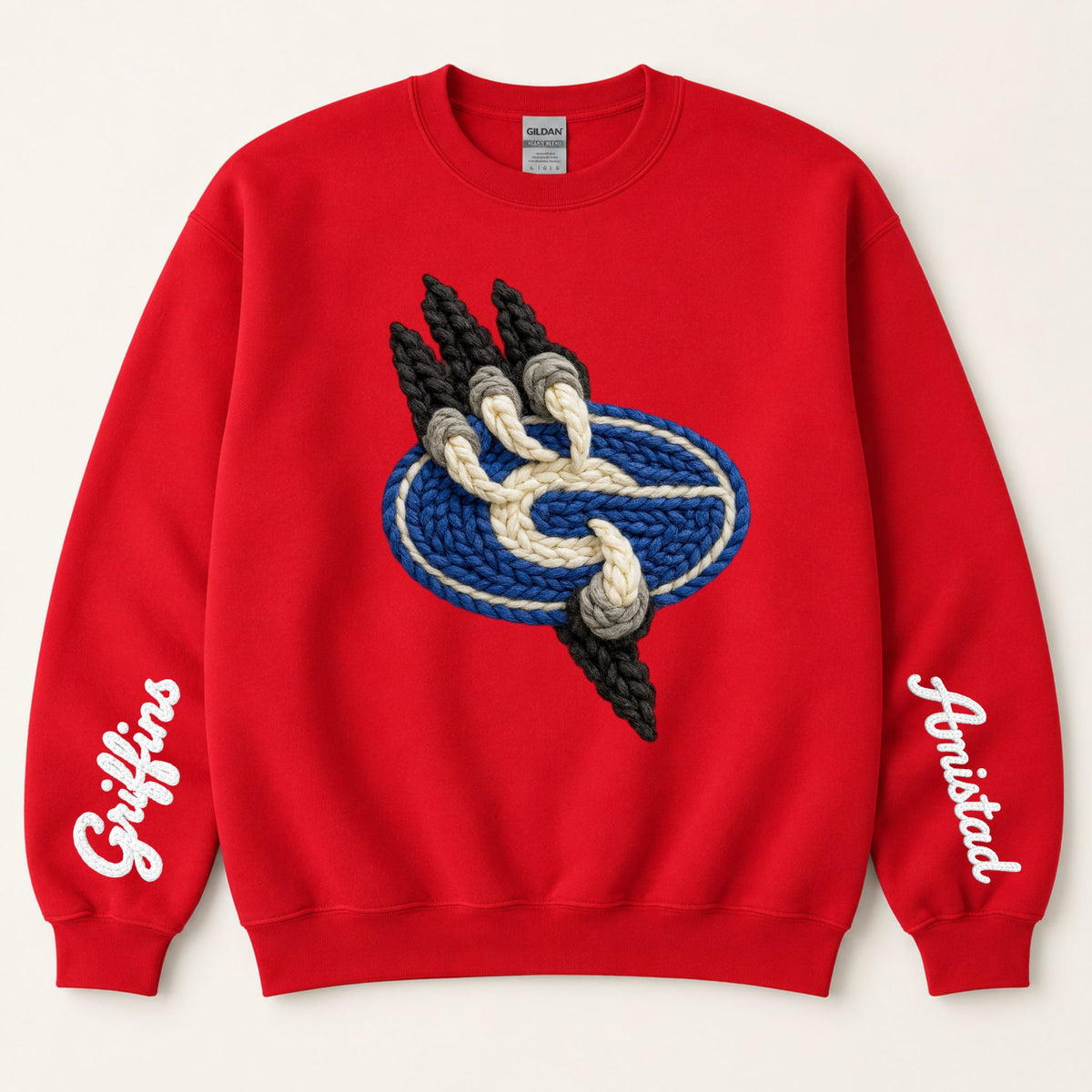 Red crewneck sweatshirt with braided griffin emblem and 'Gateway' script on sleeves