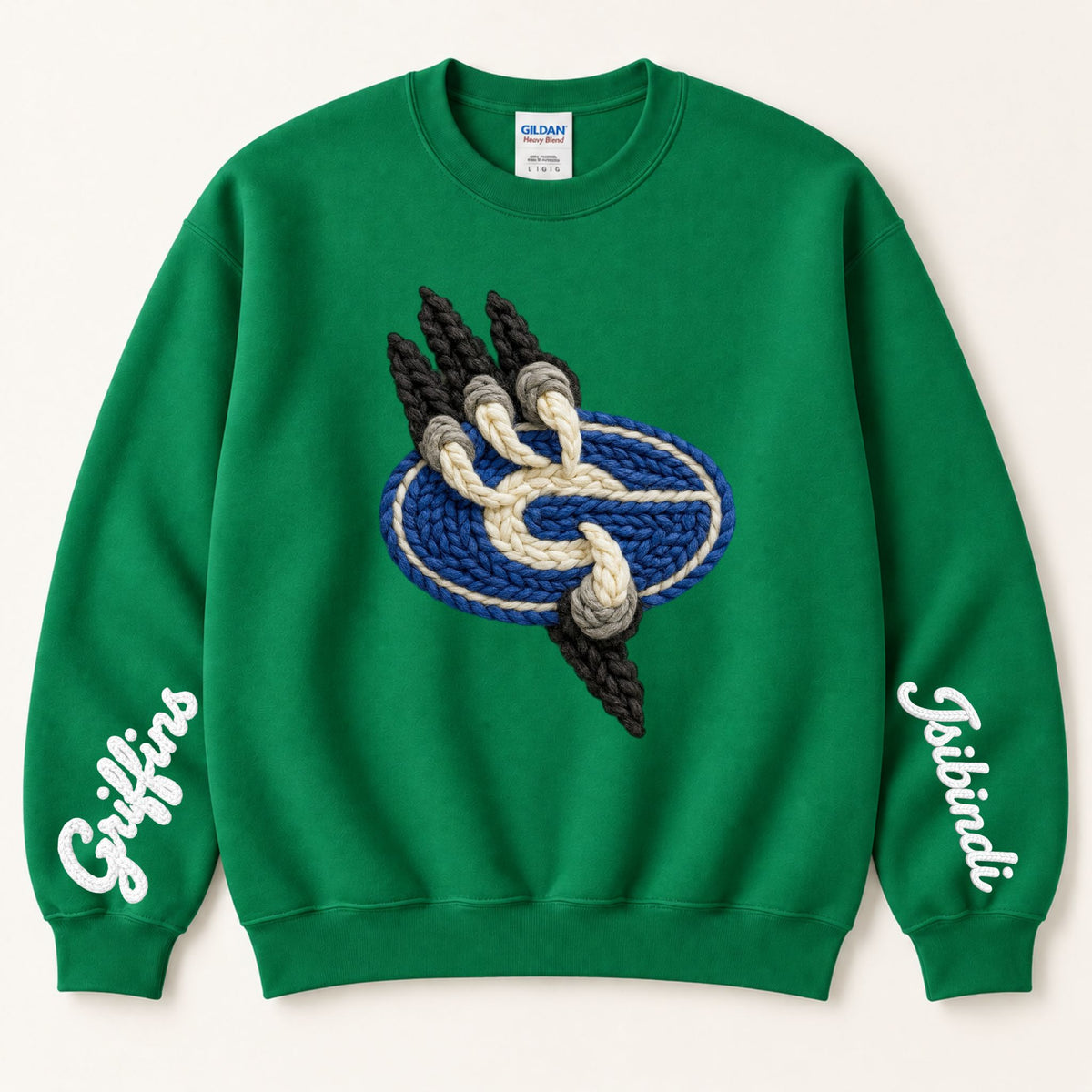 Green crewneck sweatshirt with braided griffin emblem and 'Gateway' script on sleeves