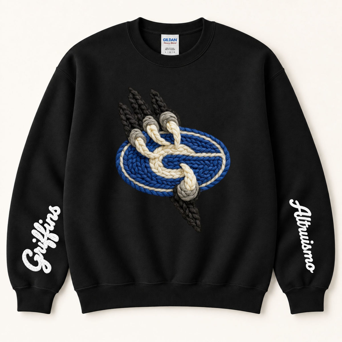 Black crewneck sweatshirt with braided griffin emblem and 'Gateway' script on sleeves