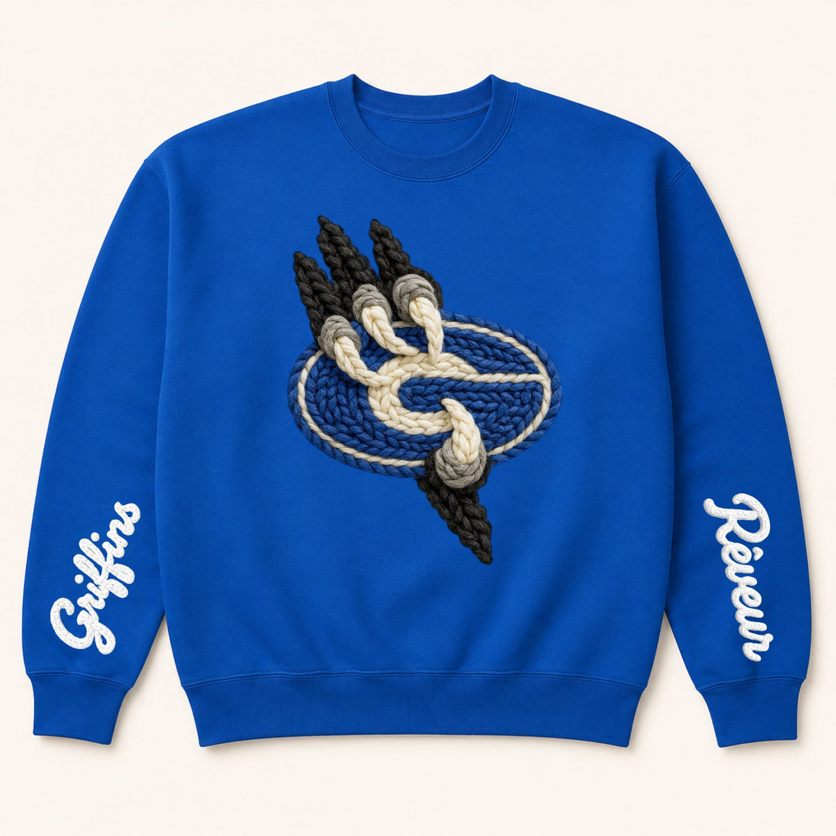 Blue crewneck sweatshirt with braided griffin emblem and 'Gateway' script on sleeves