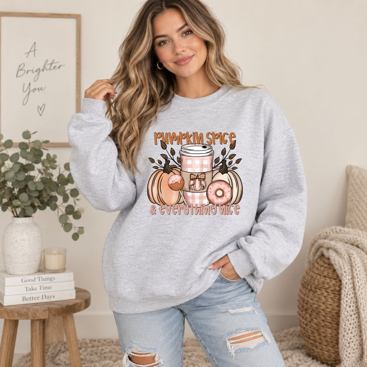 Light gray crewneck sweatshirt with long sleeves and pumpkin spice & everything nice print