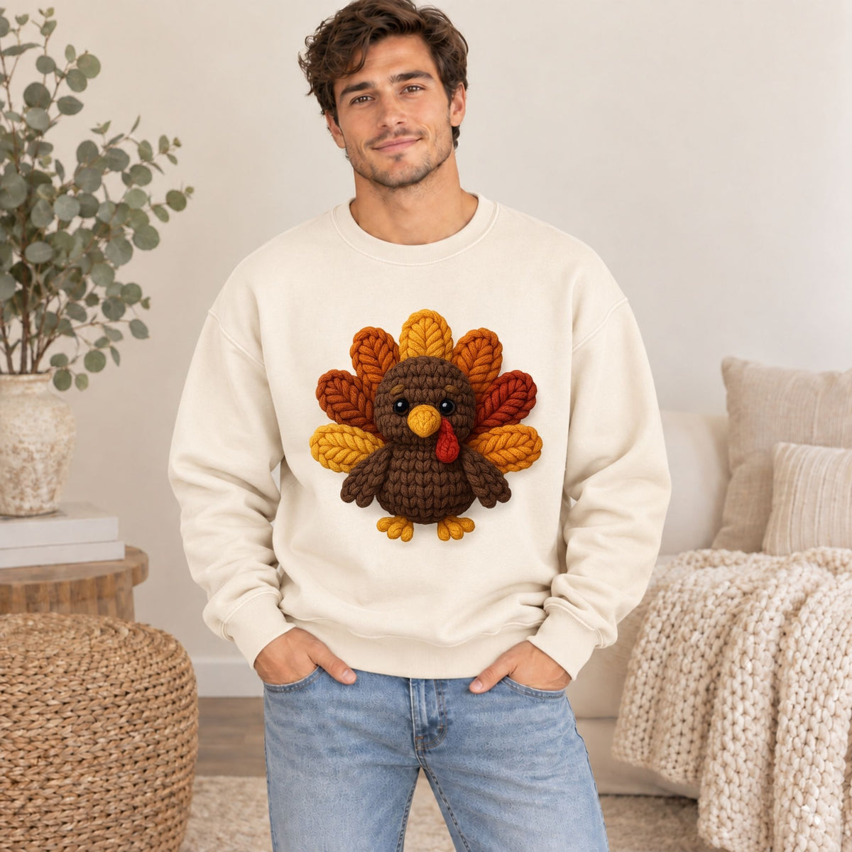 Cream turkey-themed sweatshirt on a man, featuring a knitted turkey face appliqué.