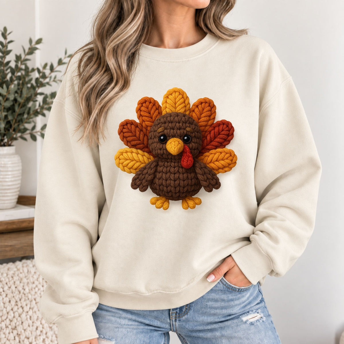 Cream crewneck sweatshirt with a large knitted turkey appliqué on the front.
