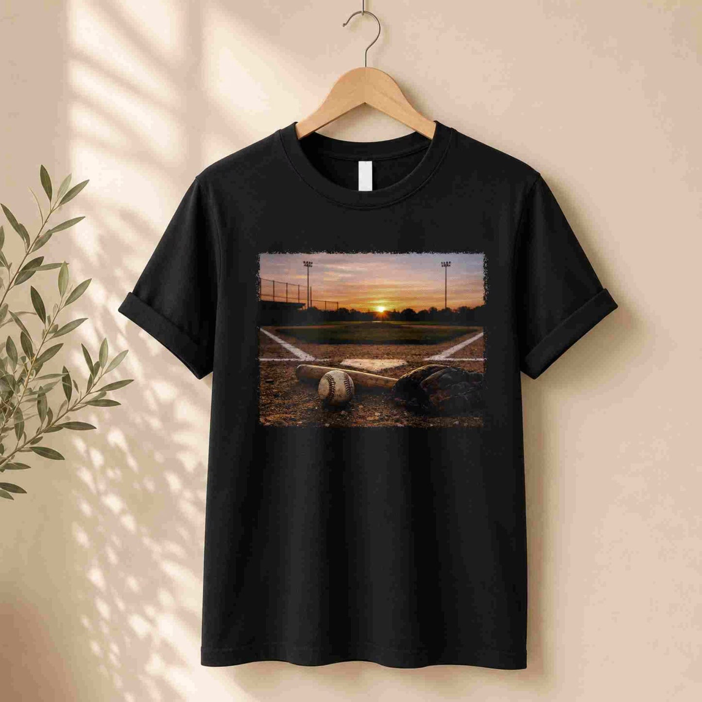 Black t-shirt with a scenic print of a sunset over a field and fence, hanging on a wooden hanger against a beige wall.