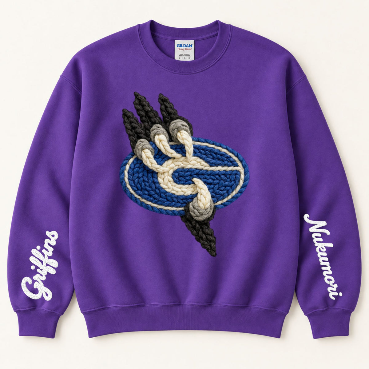 Purple crewneck sweatshirt with braided griffin emblem and 'Gateway' script on sleeves