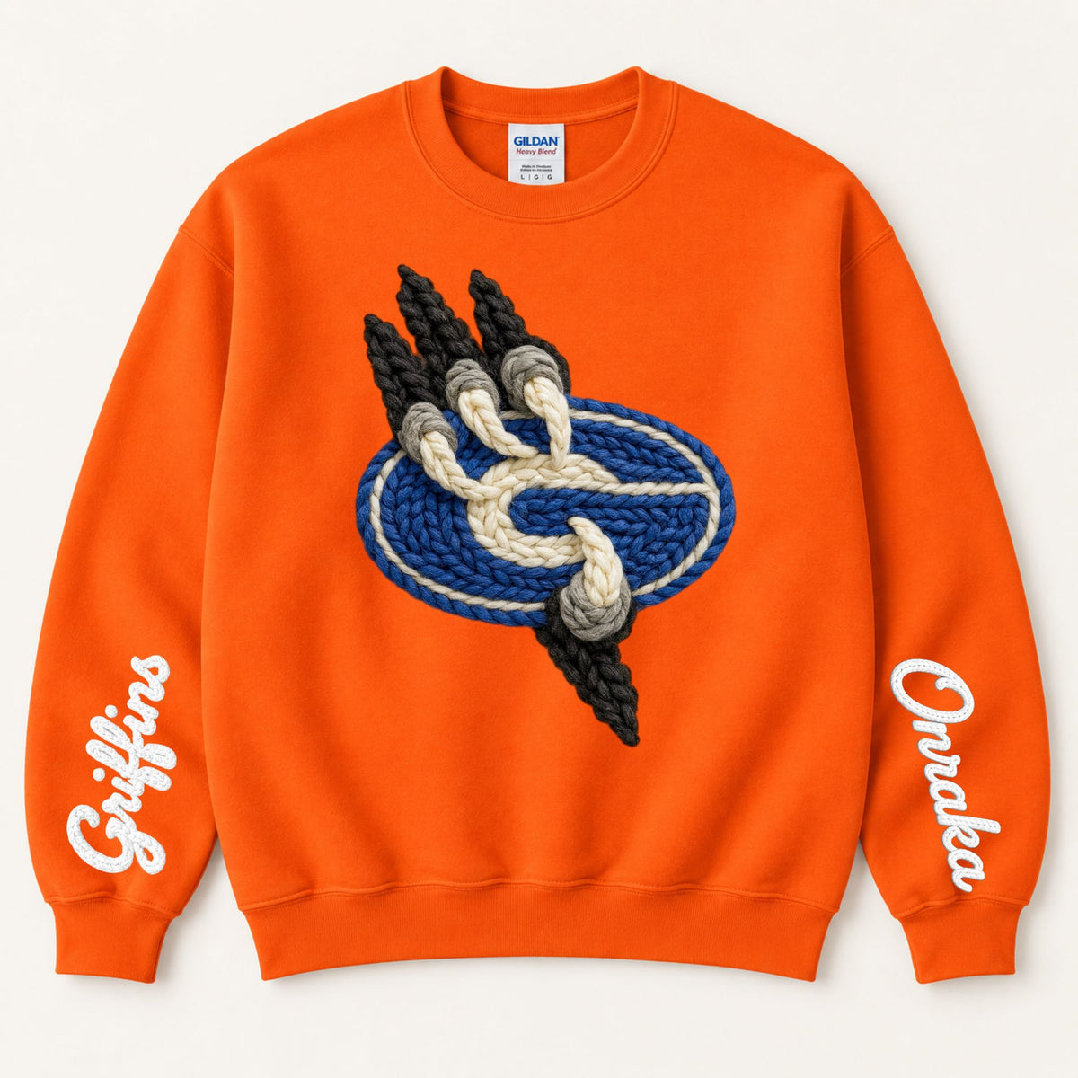 Orange crewneck sweatshirt with braided griffin emblem and 'Gateway' script on sleeves
