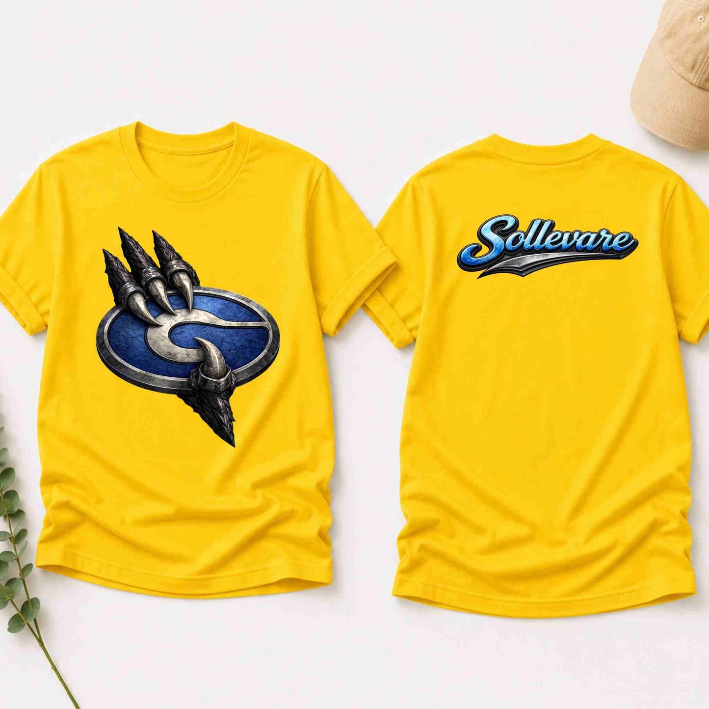 Yellow t-shirt with a logo on the front and 'Sollevare' text on the back, displayed on a white background.