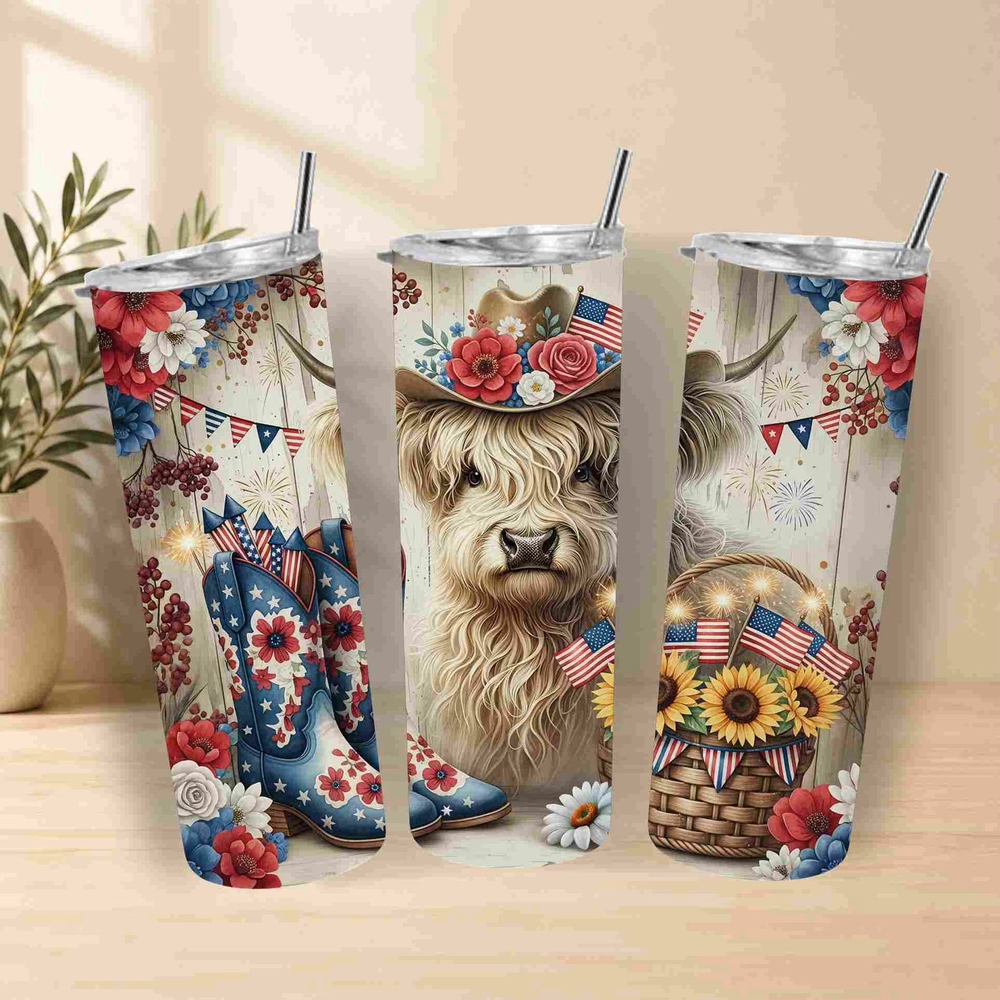 Three stainless steel tumblers with floral and American flag design featuring a highland cow.