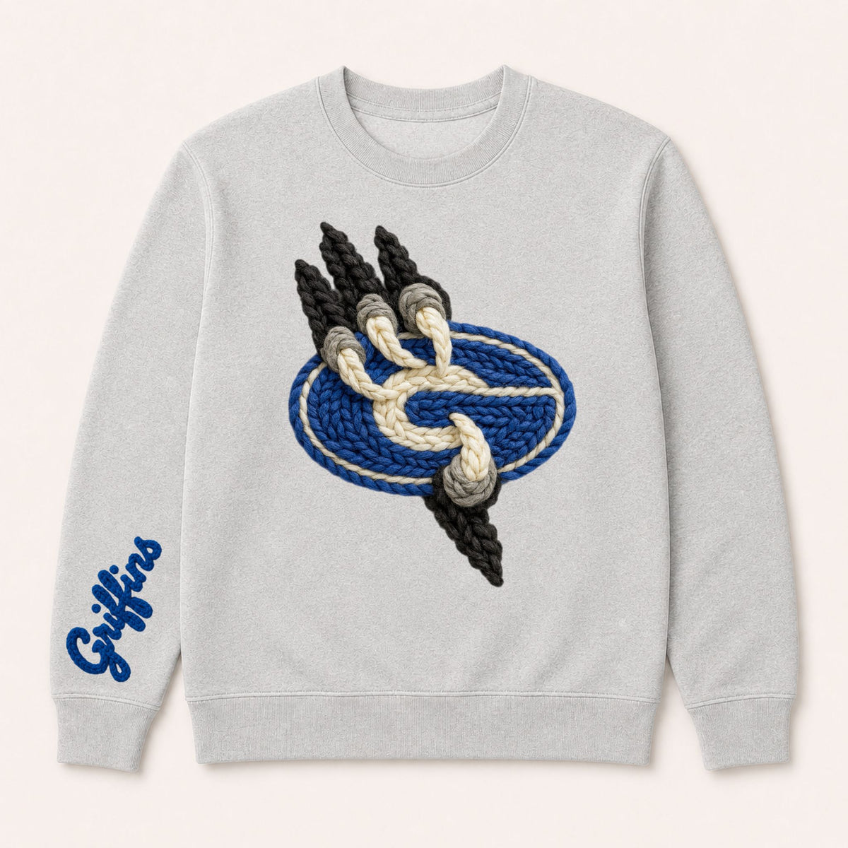 Light gray toddler sweatshirt with blue-and-white griffin emblem; blue sleeve text logo
