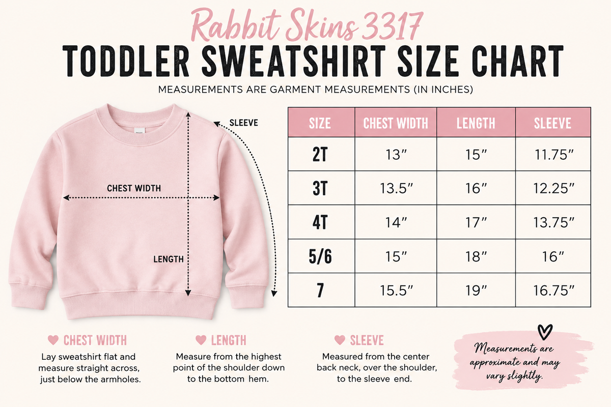 Toddler sweatshirt size chart with chest width, length, and sleeve measurements in inches