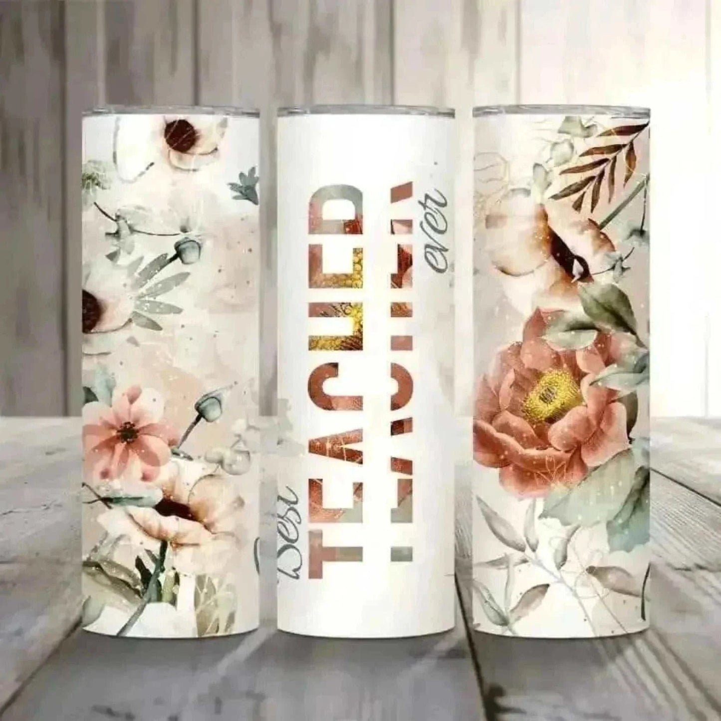 Set of three floral design personalized stainless steel tumblers with "Best Teacher Ever" text for teachers.