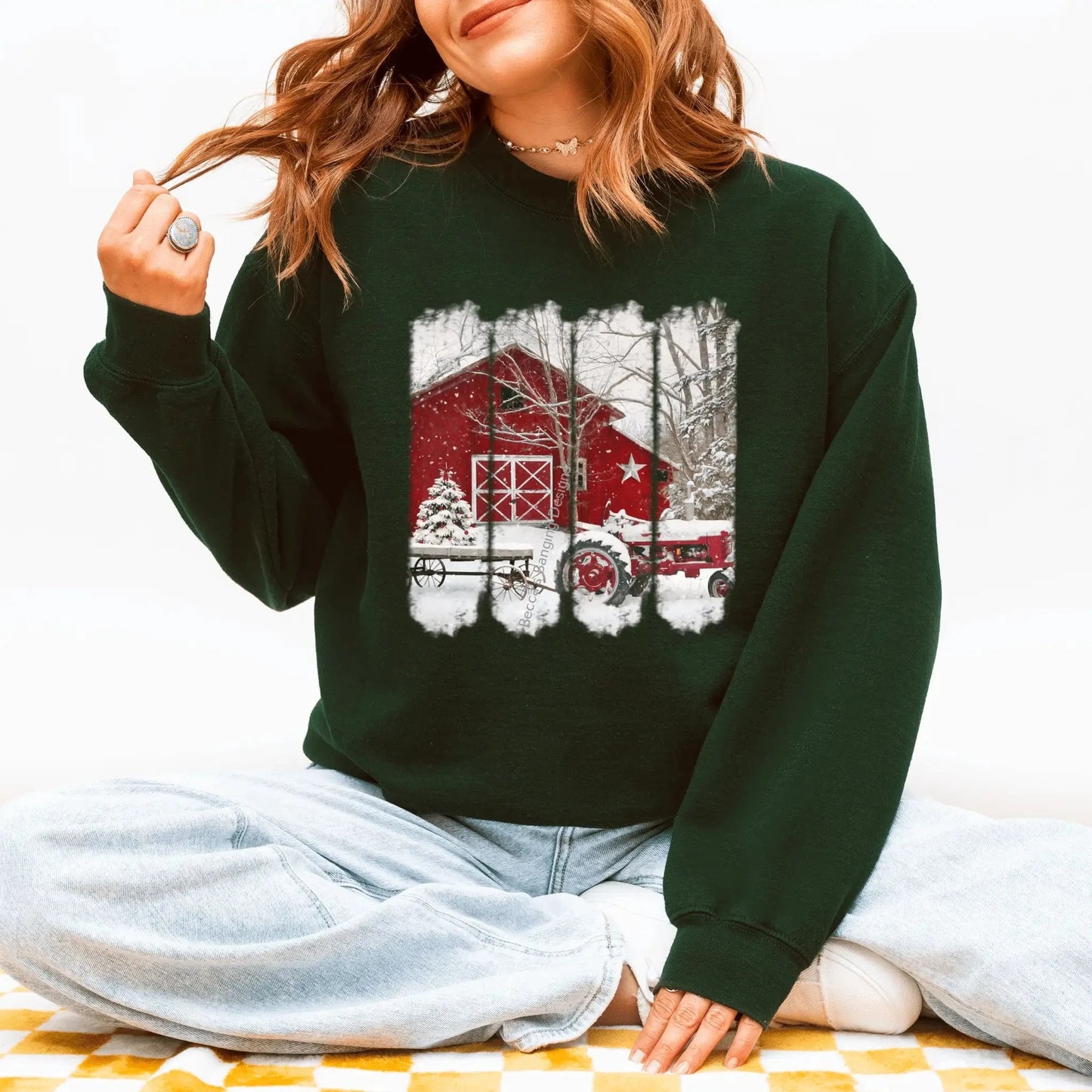 Christmas Sweatshirt Red Barn Tractor Winter Scene Becca's Banging Designs. Farmhouse Holiday Women's Fashion, Rustic Green Crewneck
