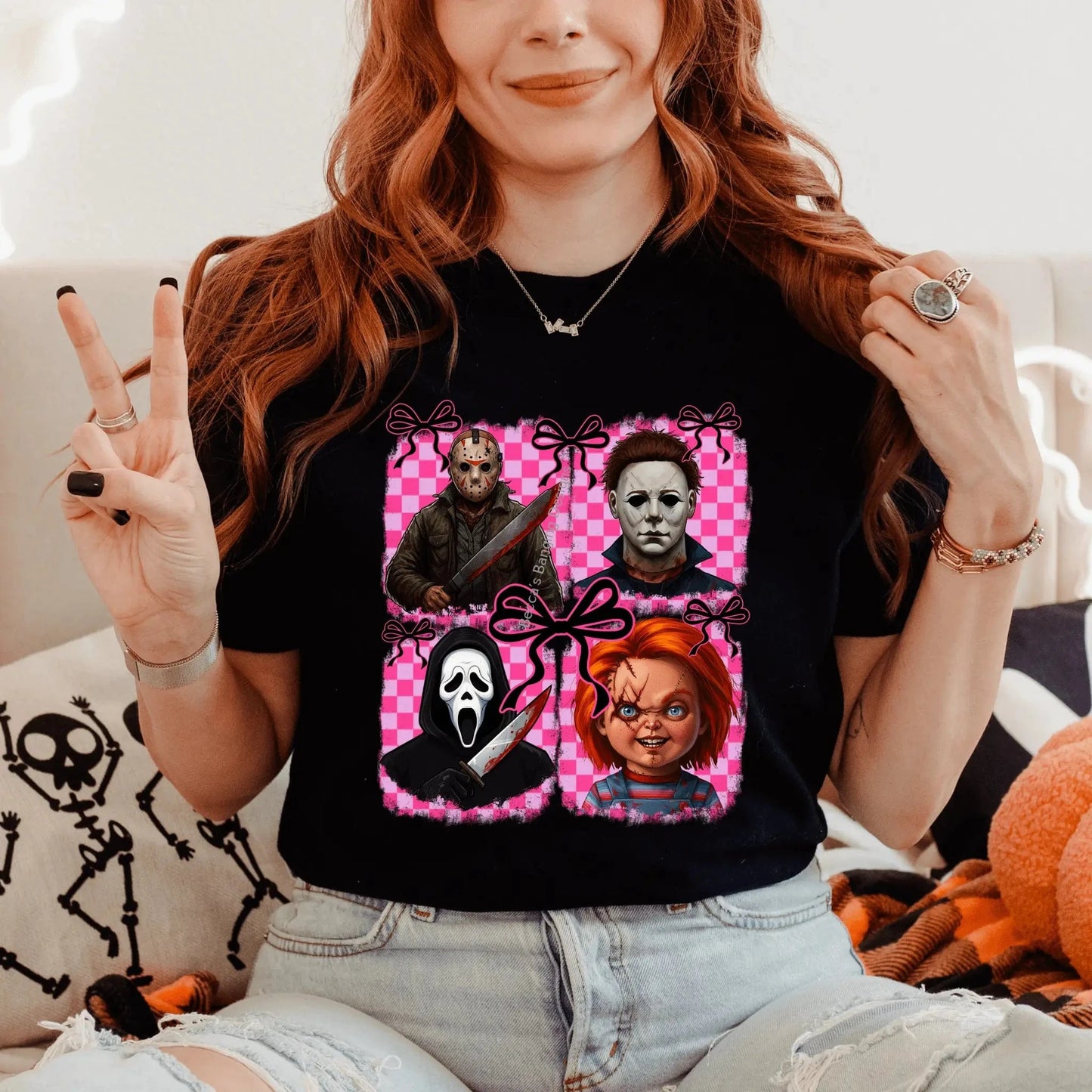 T-Shirt Slasher Horror Icons T-Shirt with Pink Bow | Cute & Creepy Halloween Graphic Tee