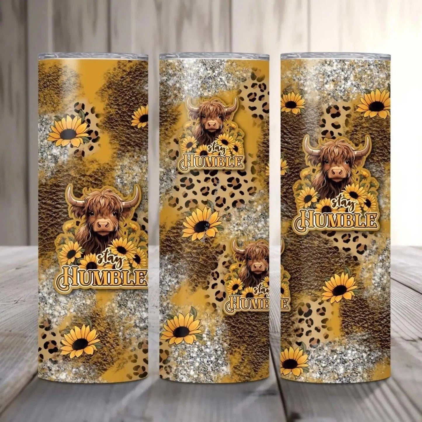 Tumbler Stay Humble Highland Cow Tumbler with Sunflower Leopard Print Glitter Design for Stylish Hydration