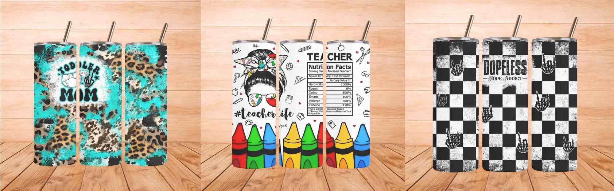 Collection of colorful stainless steel tumblers showcasing unique designs, perfect for stylish drinkware.