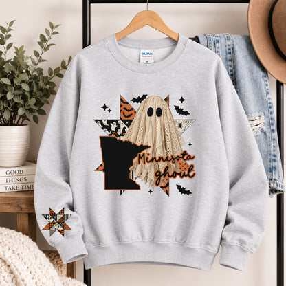 Light gray crewneck sweatshirt with hooded ghost and Minnesota ghoul graphic