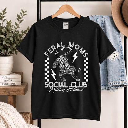 Black graphic tee with white Feral Moms Social Club text and animal artwork