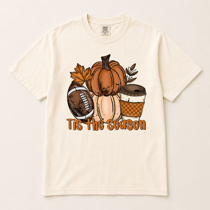 Cream front graphic tee with pumpkins, leaves, and “Tis the Season” text