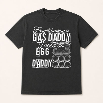 Dark gray short-sleeve graphic tee with white GAS DADDY egg and daddy print