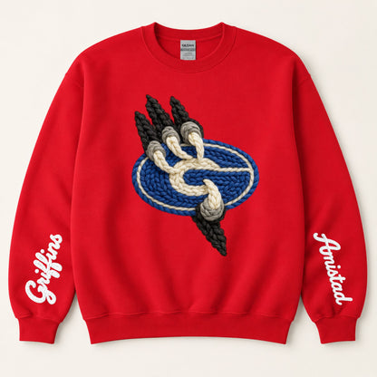 Red crewneck sweatshirt with braided griffin emblem and 'Gateway' script on sleeves