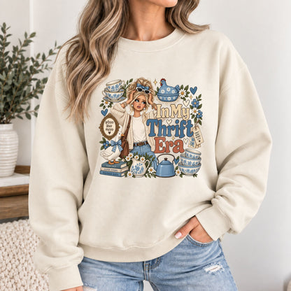 Cream graphic sweatshirt with long sleeves and 'In My Thrift Era' front print