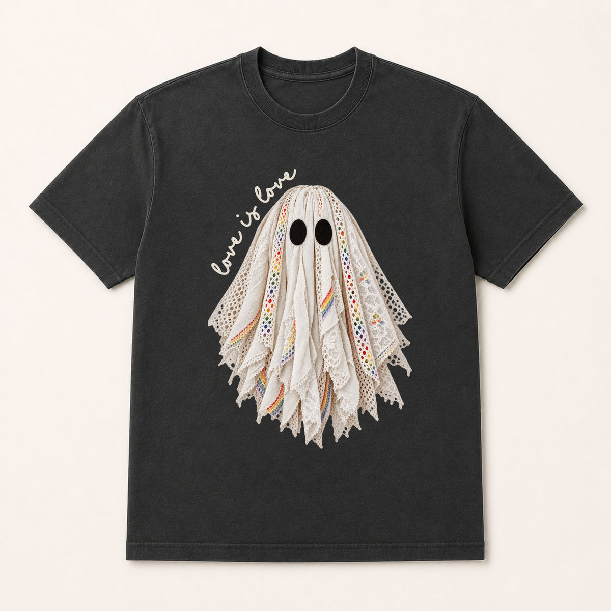 Dark gray crew-neck graphic tee with layered lace ghost face artwork