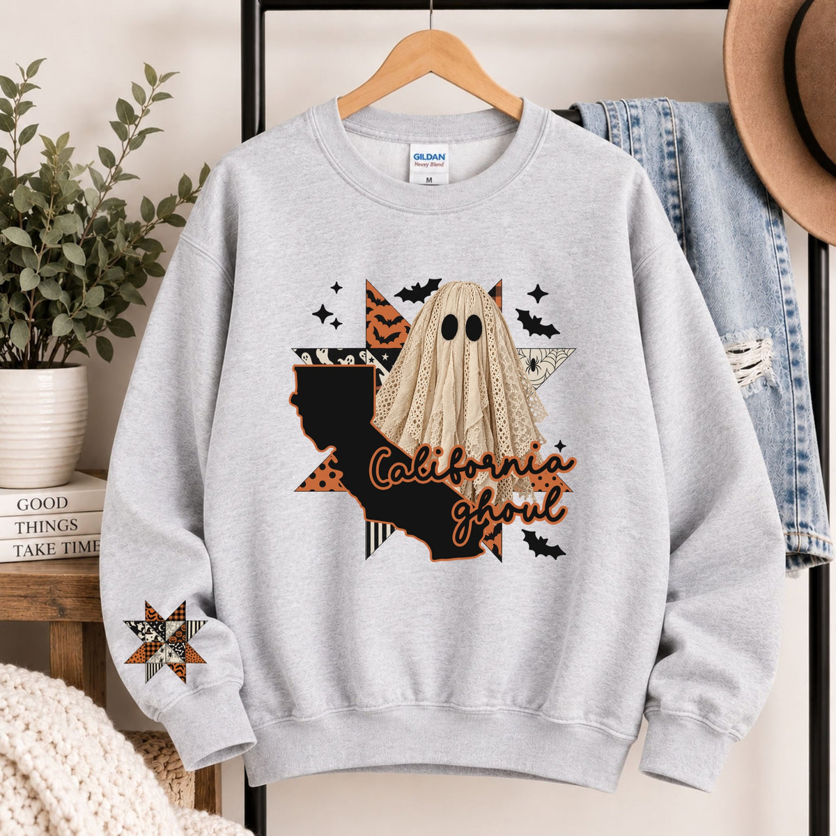 Light gray crewneck sweatshirt with California state ghost Halloween graphic