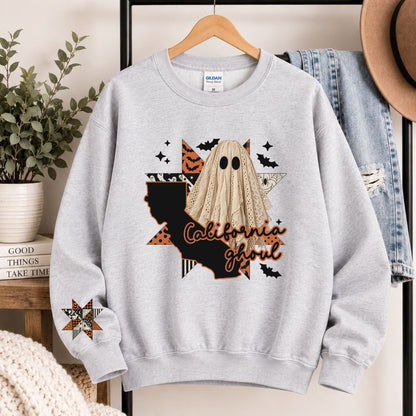 Light gray crewneck sweatshirt with California state ghost Halloween graphic