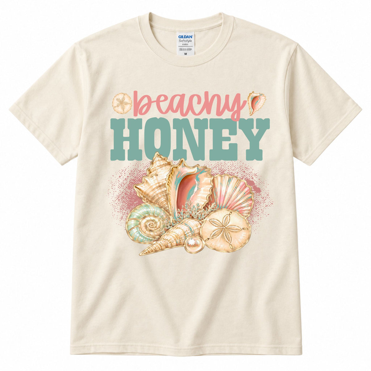 Cream crewneck graphic T-shirt with “beachy” and “HONEY” shell artwork