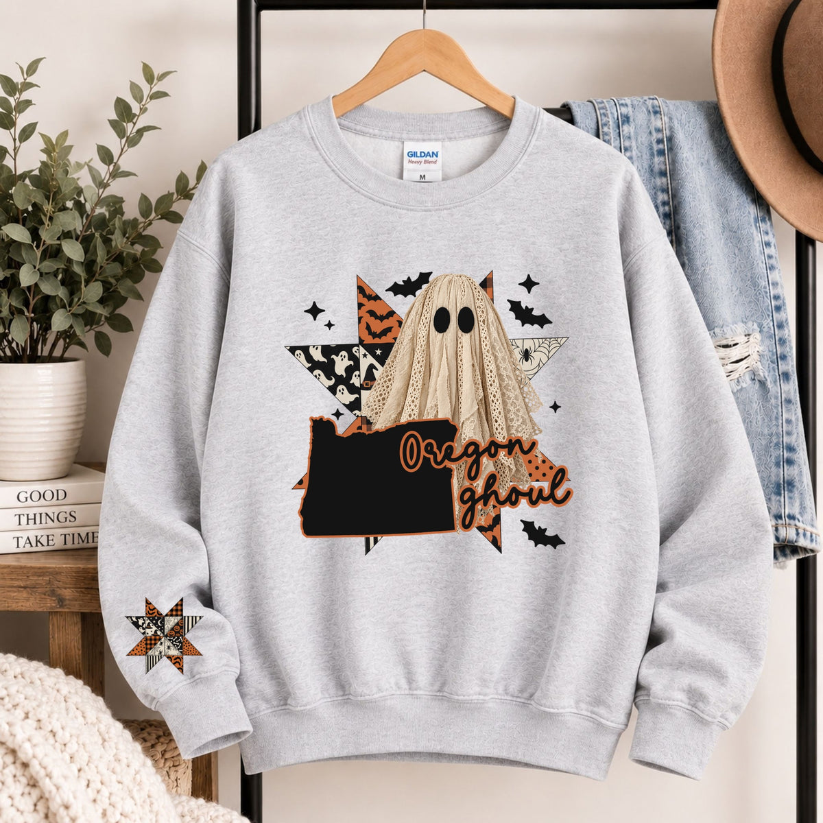 Light gray crewneck sweatshirt with hooded ghost and Oregon ghoul graphic