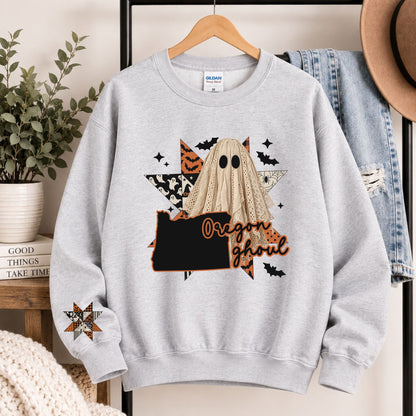 Light gray crewneck sweatshirt with hooded ghost and Oregon ghoul graphic