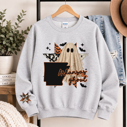 Light gray crewneck sweatshirt with Arkansas ghoul graphic and state silhouette