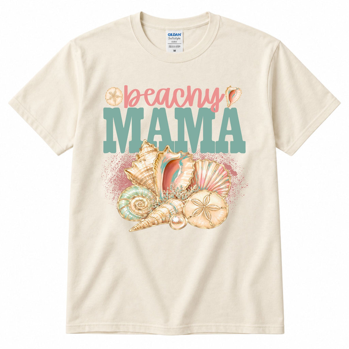 Cream crewneck graphic T-shirt with “beachy” and “MAMA” shell artwork