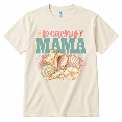Cream crewneck graphic T-shirt with “beachy” and “MAMA” shell artwork