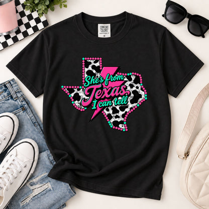 Black crewneck T-shirt with “She’s from Texas I can tell” western Texas graphic