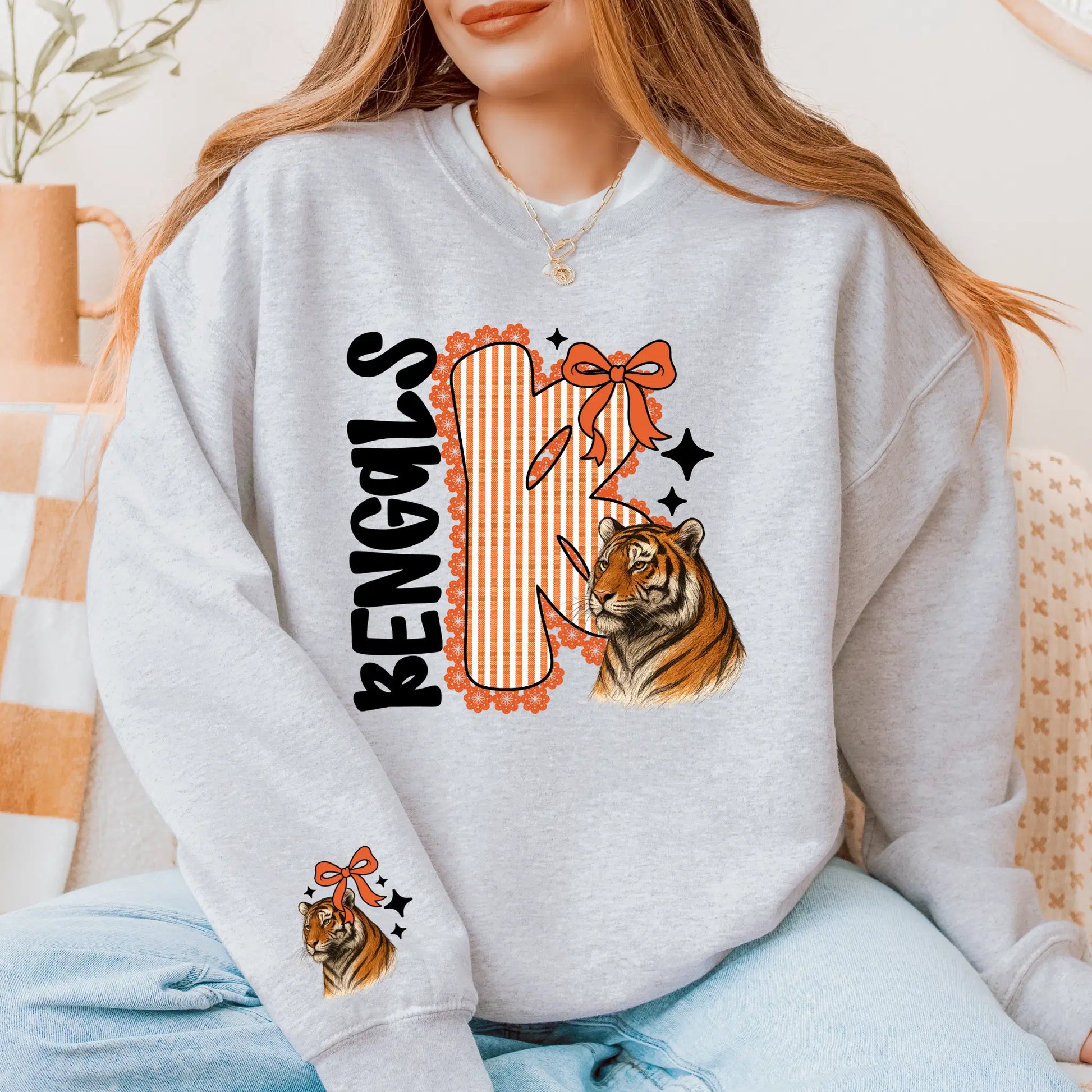 Bengals Seersucker Sweatshirt: Football Sunday Game Day Pullover with Tiger & Bow Graphic
