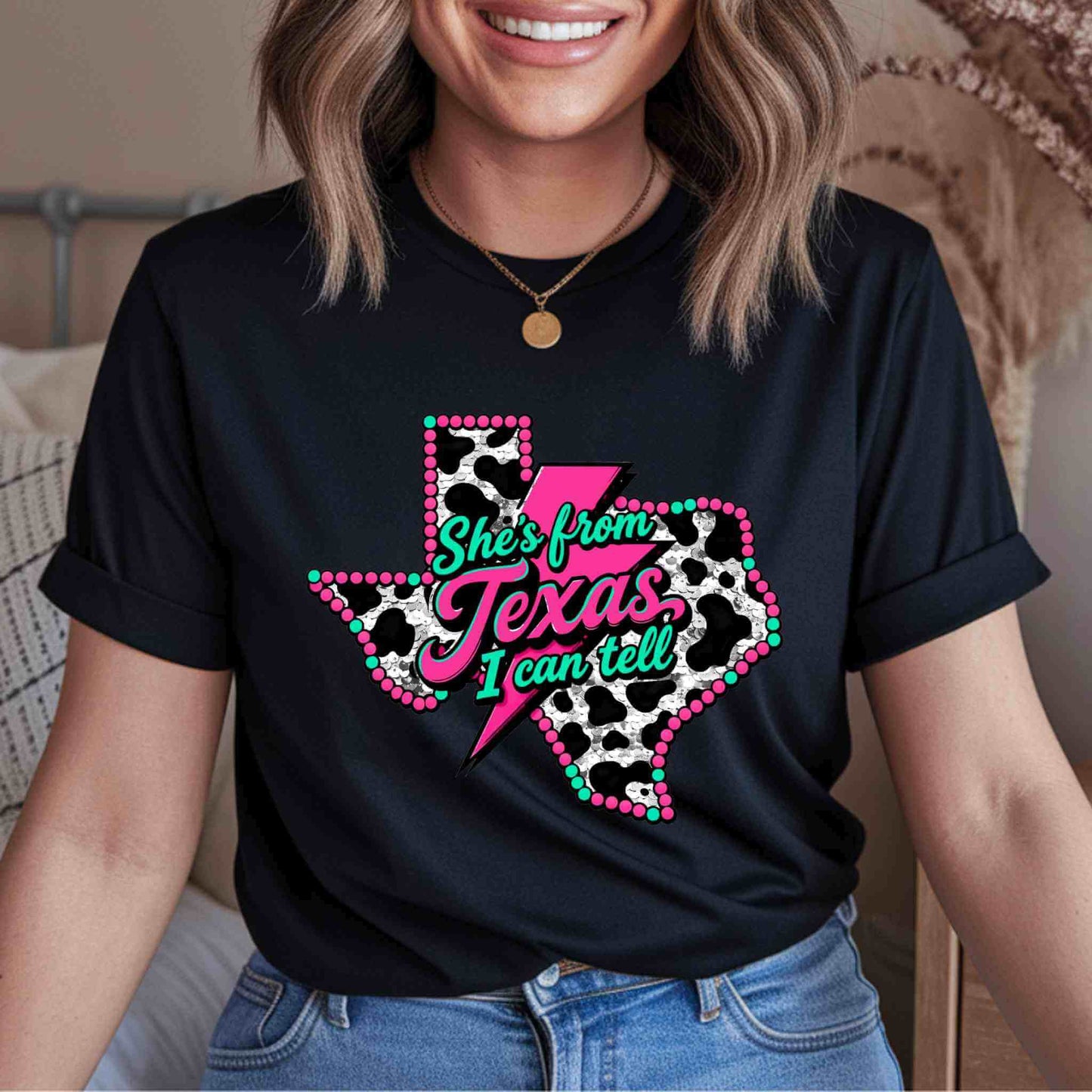 She’s From Texas I Can Tell Shirt – Cow Print Western Graphic Tee
