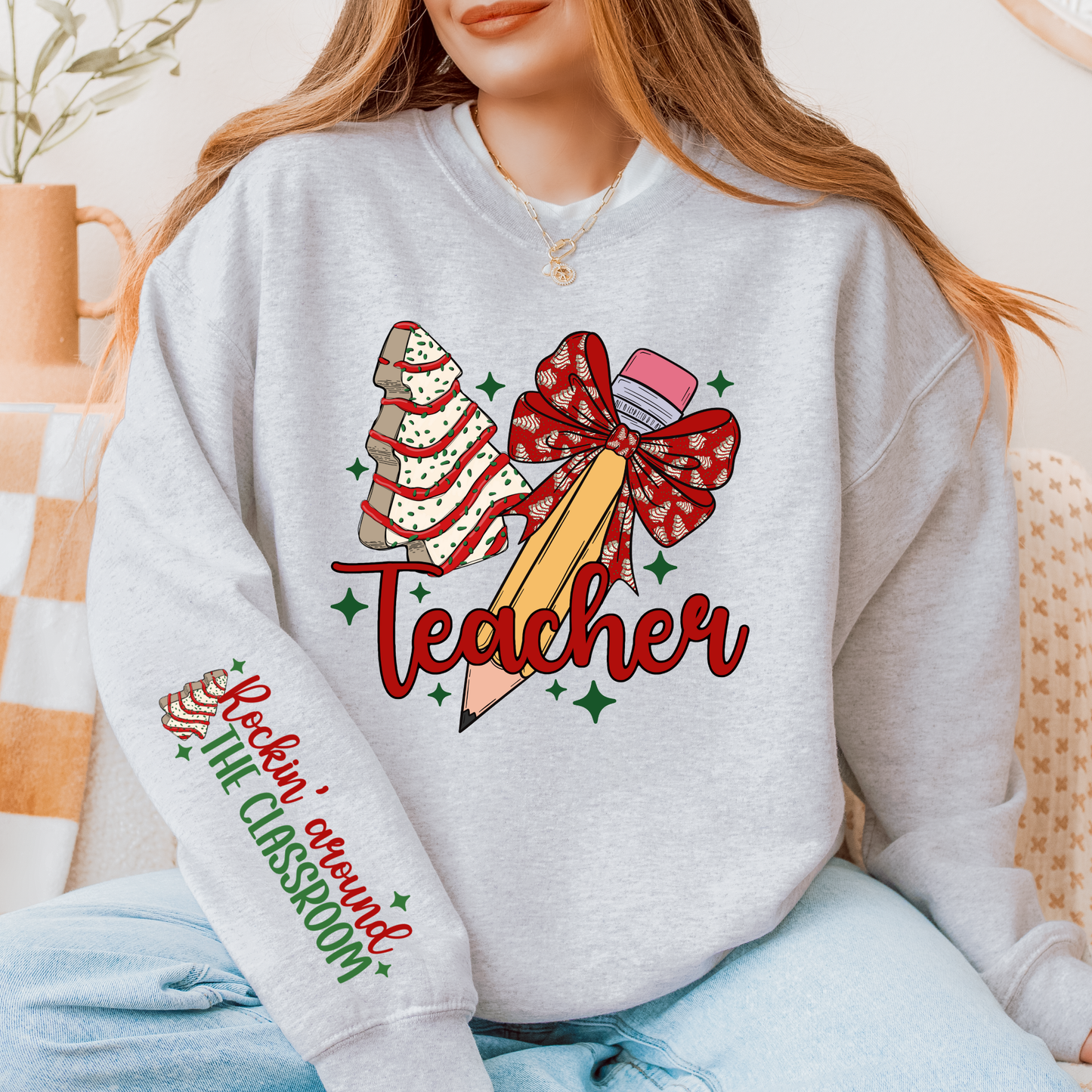 Christmas Teacher Sweatshirt – Holiday Classroom Crewneck with Festive Pencil & Cookie Tree Design