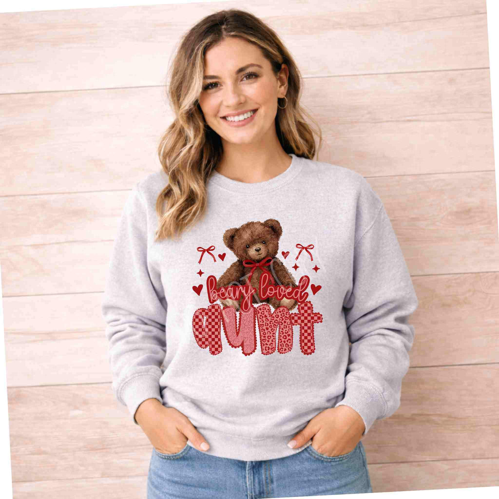 Beary Loved Mama Sweatshirt Comfort Style and Care featuring a cute teddy bear and hearts.