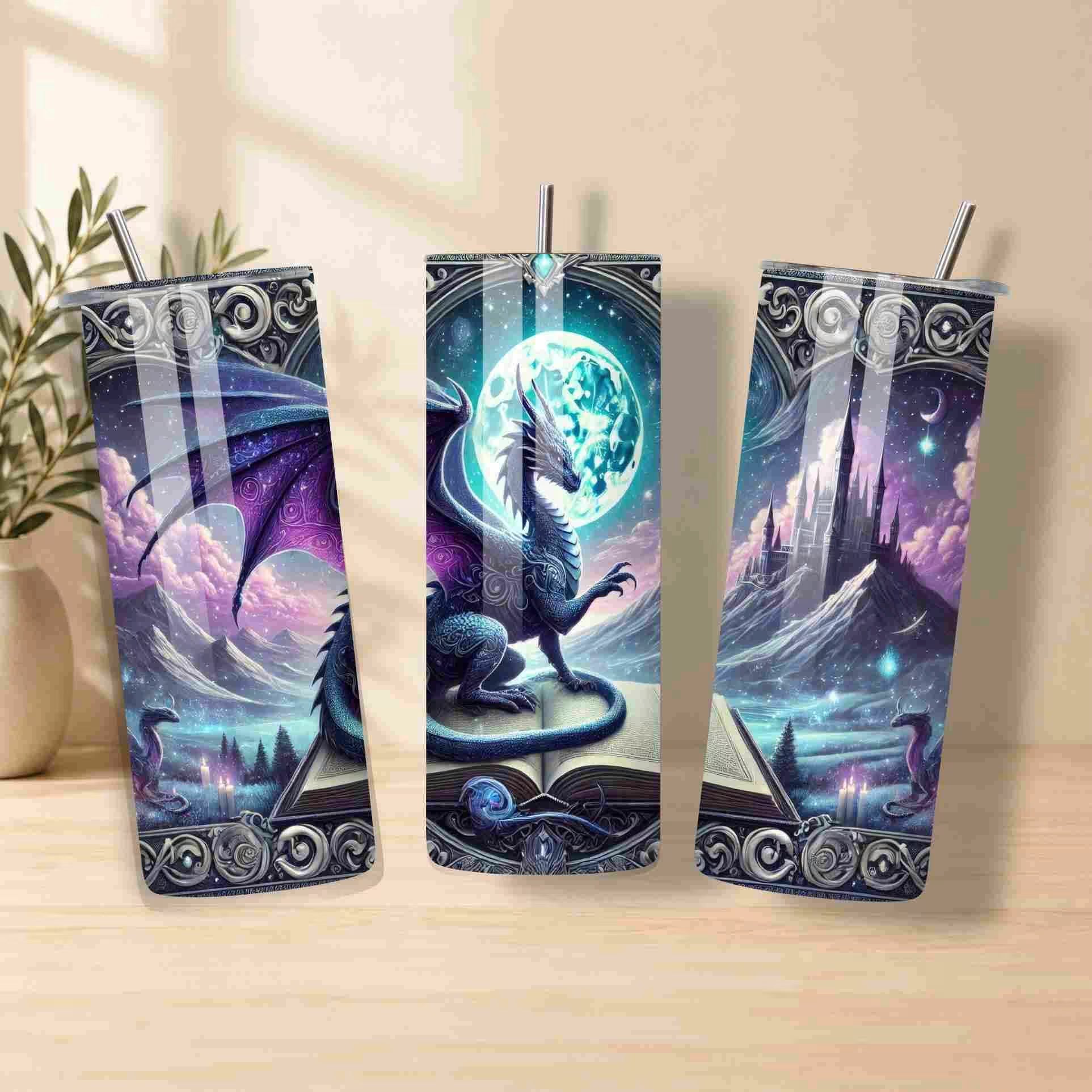 Three tumbler designs featuring dragons and fantasy landscapes on a wooden surface.