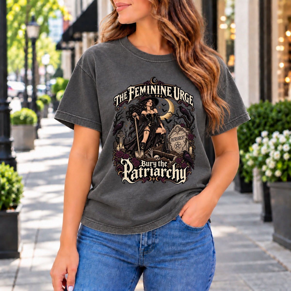 Women’s gothic graphic tee, dark gray with large front “Patriarchy” artwork