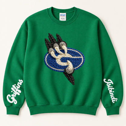 Green crewneck sweatshirt with braided griffin emblem and 'Gateway' script on sleeves