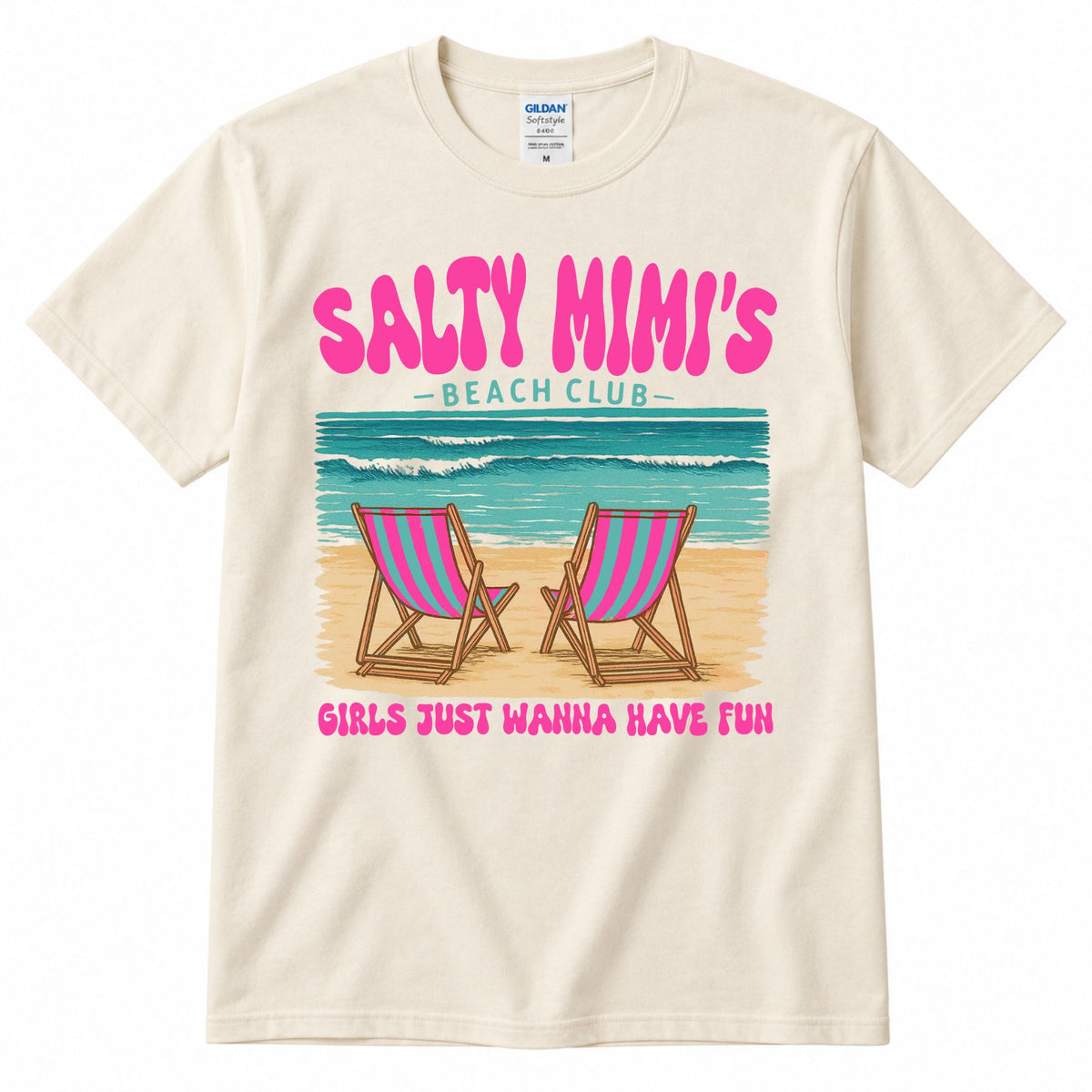 Cream graphic t-shirt with "SALTY MIMI'S" beach club print and pink striped chair graphic
