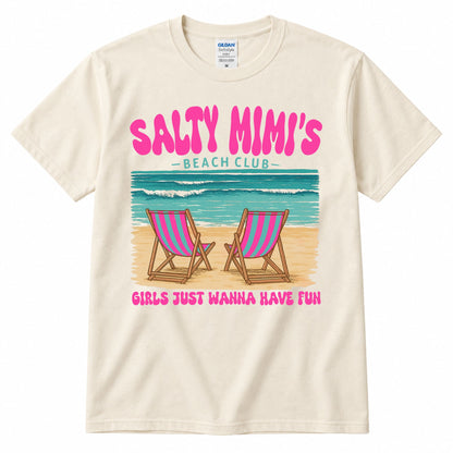 Cream graphic t-shirt with "SALTY MIMI'S" beach club print and pink striped chair graphic
