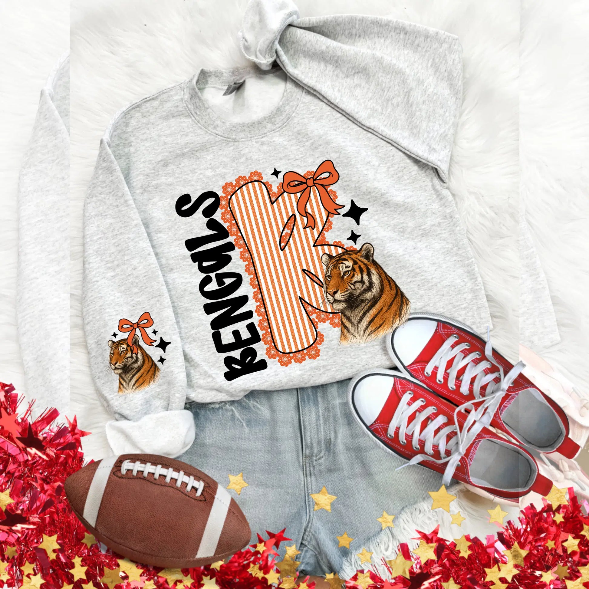 Bengals Seersucker Sweatshirt: Game Day Football Pullover with Tiger Graphic and Red Shoes