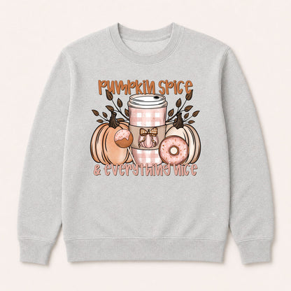 Light gray crewneck sweatshirt with large pumpkin spice and everything nice chest graphic