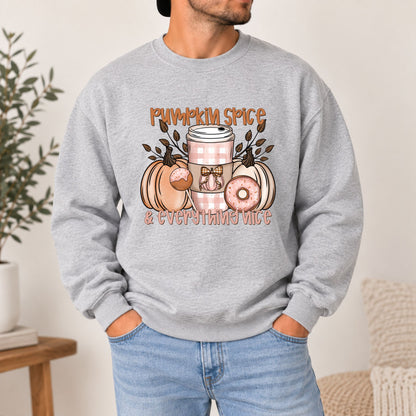 Light gray crewneck sweatshirt with pumpkin spice and everything nice front graphic