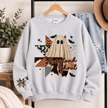 Light gray crewneck sweatshirt with Maryland ghoul state graphic and burlap ghost hood