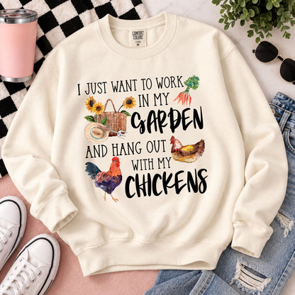 Cream sweatshirt with 'Garden' and chickens typography graphic, crewneck.