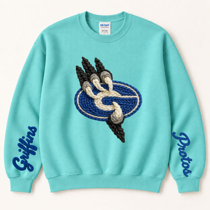 Light teal crewneck sweatshirt with braided griffin emblem and 'Gateway' script on sleeves